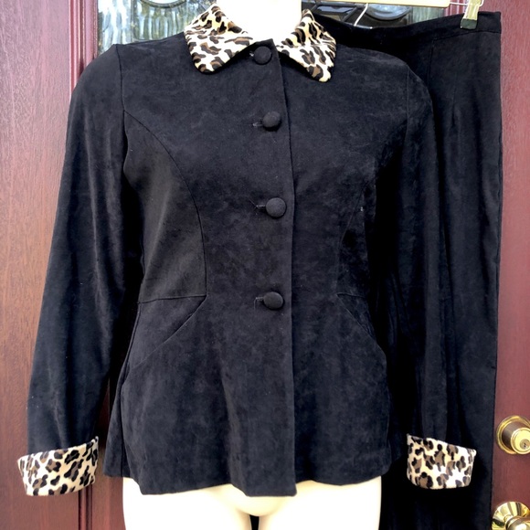Vintage Leopard Cuff Black Faux Suede Jacket Pants - Picture 2 of 9